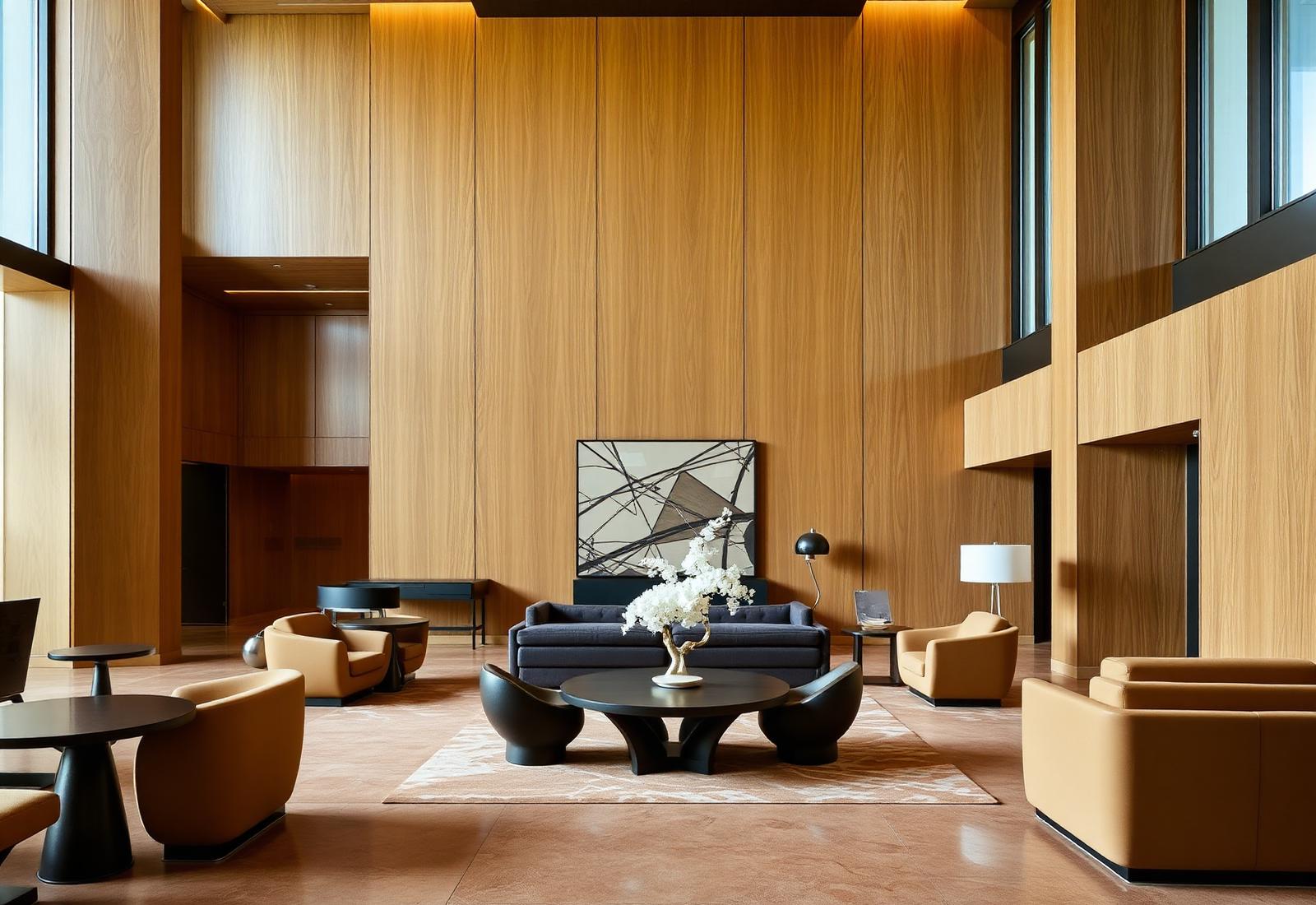 Warm oak-clad hotel lobby with custom furniture designed by Kaizen